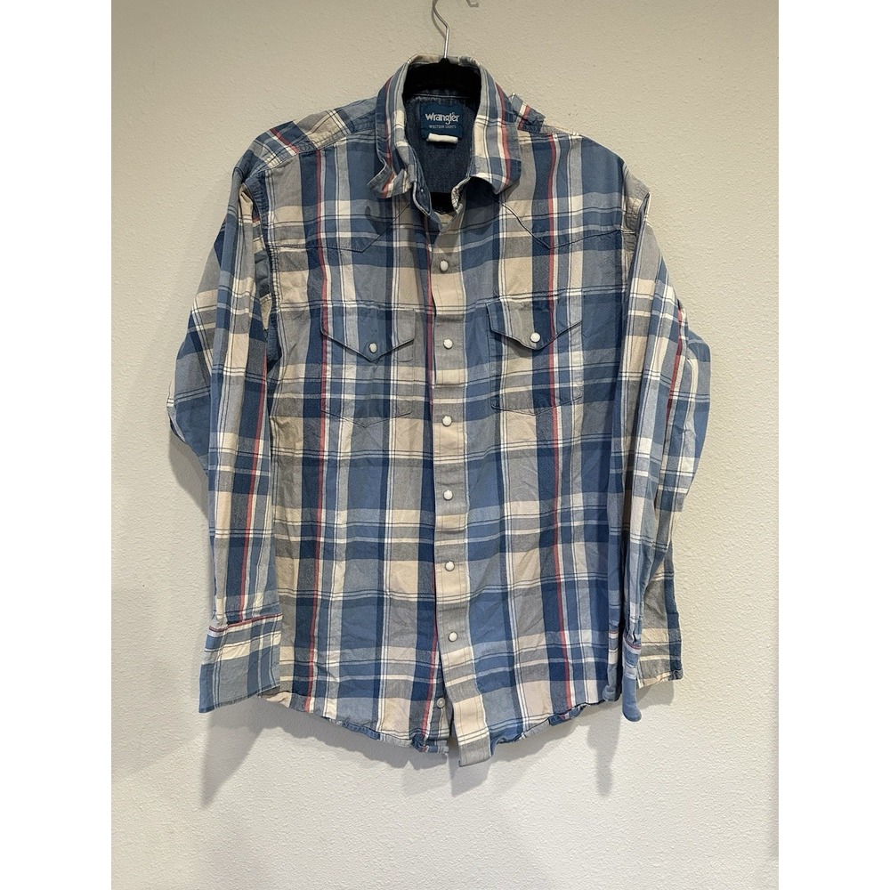 VTG Wrangler Shirt L Plaid Western Wear Pearl Snap Distressed Thick‎ Cotton